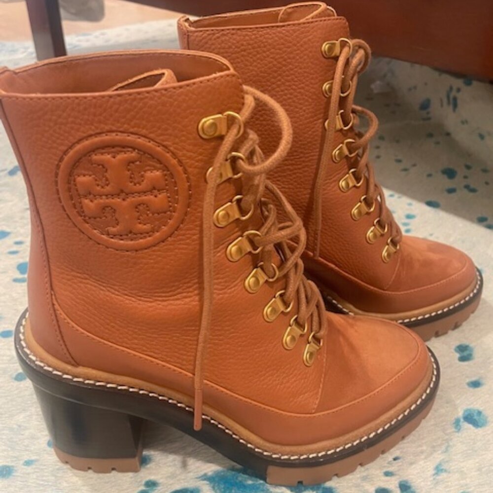 Tory Burch Cognac Leather Lace-Up Combat Boot